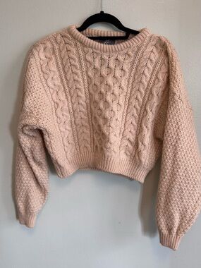 Cozy Cable Knit Crewneck Sweater - Blush
